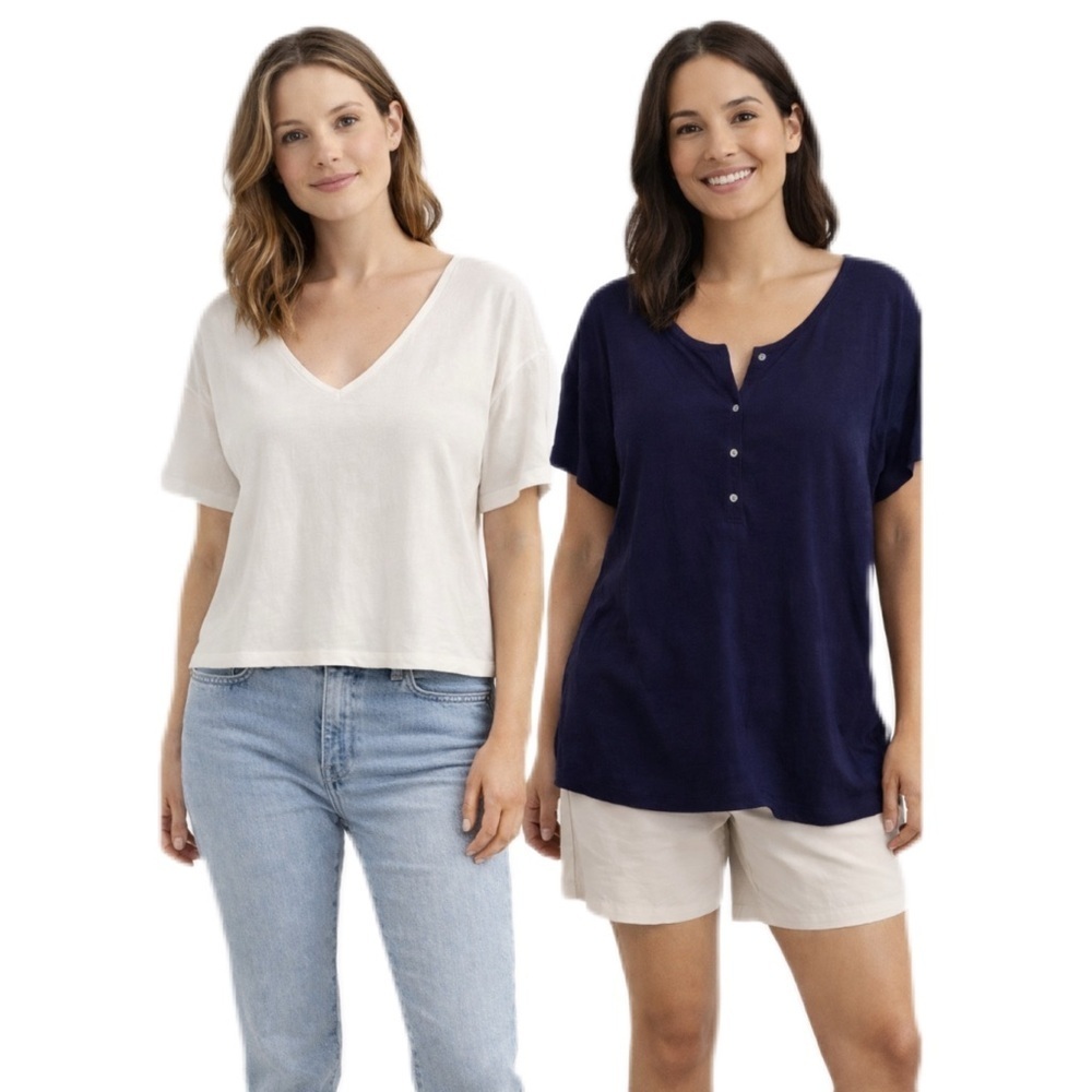 J. Jill Bundle of 2 Short Sleeve V Neck Tops White and Blue Size Medium